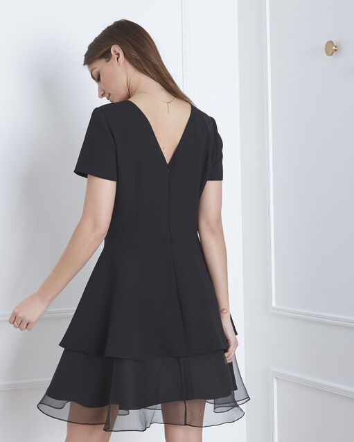 Robe noire bimatière volant organza de soie hypollite noir.