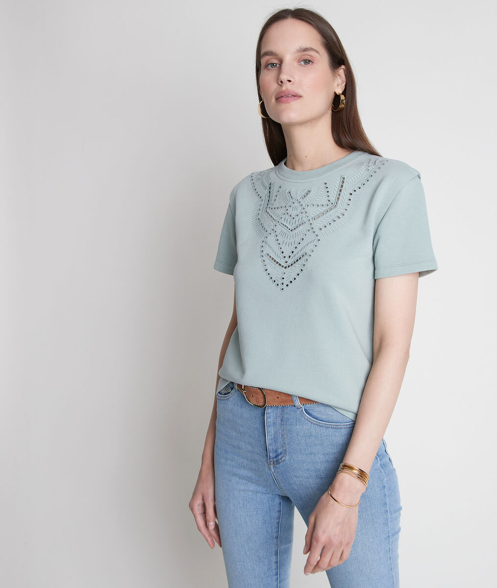 Tee-shirt en coton épais et broderies jade Elsa | 1-2-3 Tee-shirt en coton épais et broderies jade Elsa PhotoZ | 1-2-3