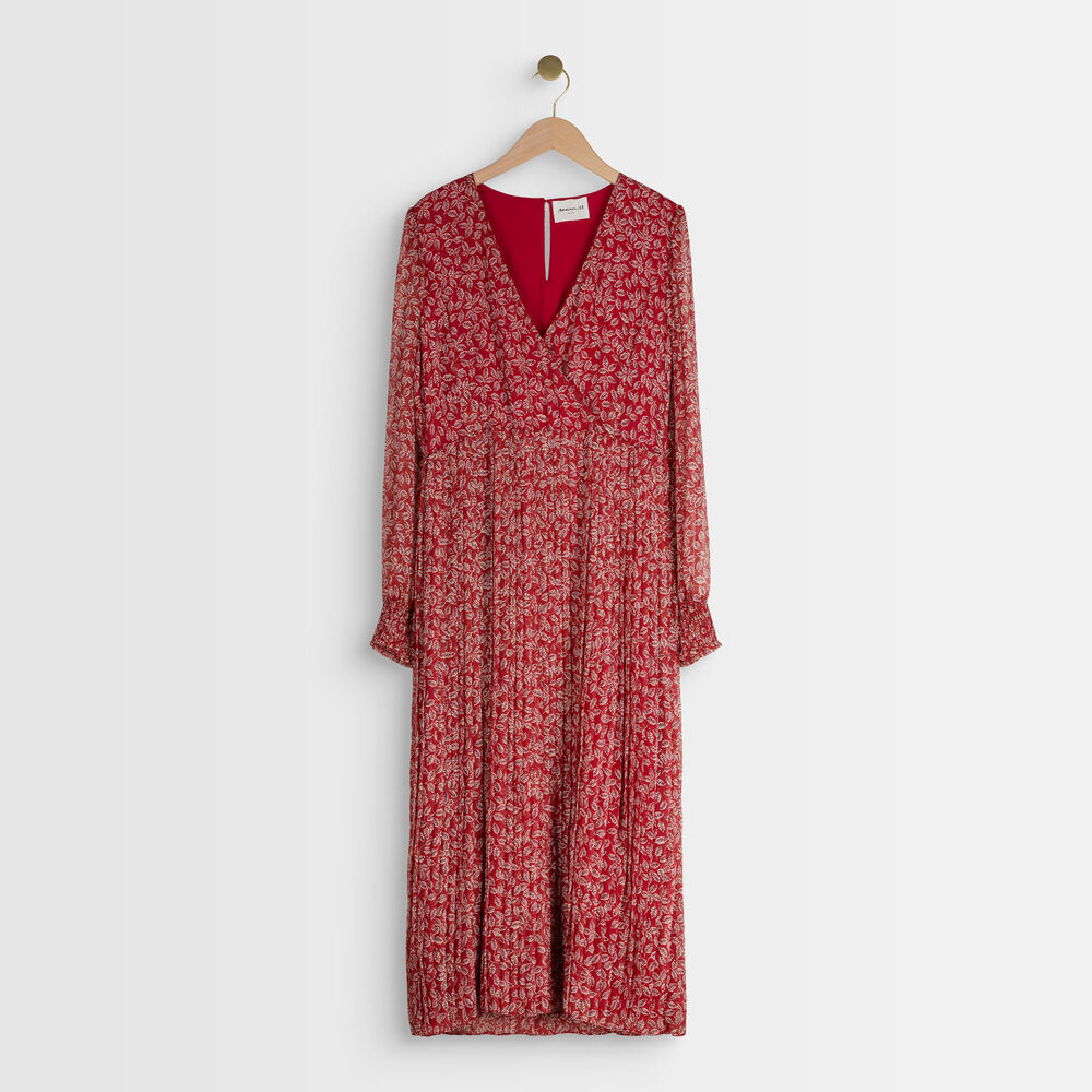 Robe rouge plissée imprimé fleuri caresse bourgogne.