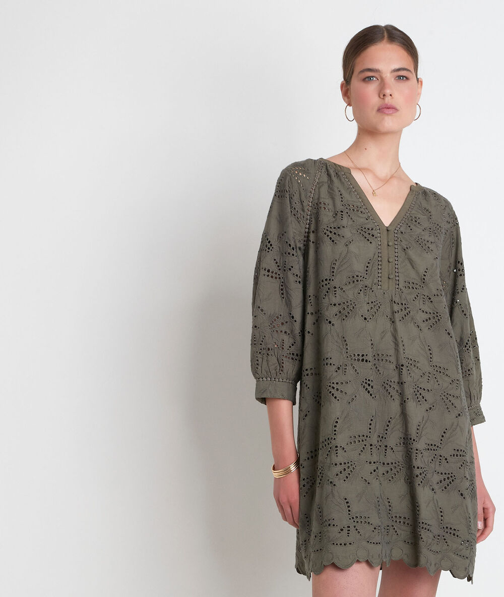 Robe en coton brodé kaki coco kaki.
