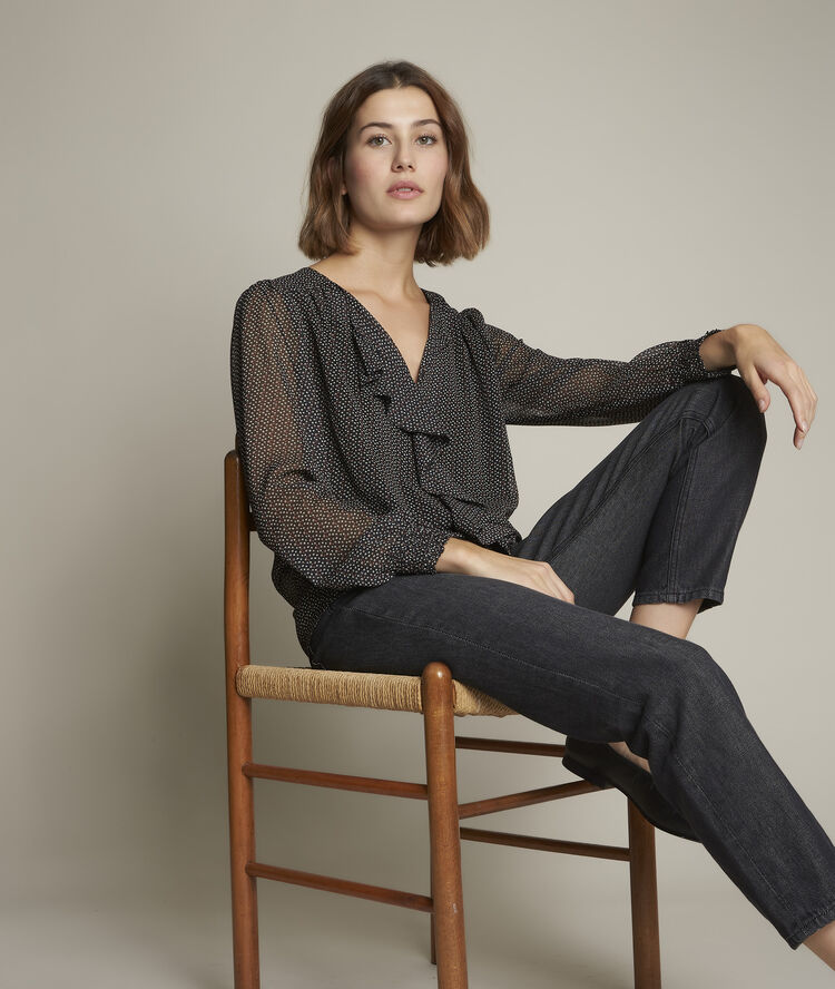 Bedruckte bluse mit volants eleanore schwarz.