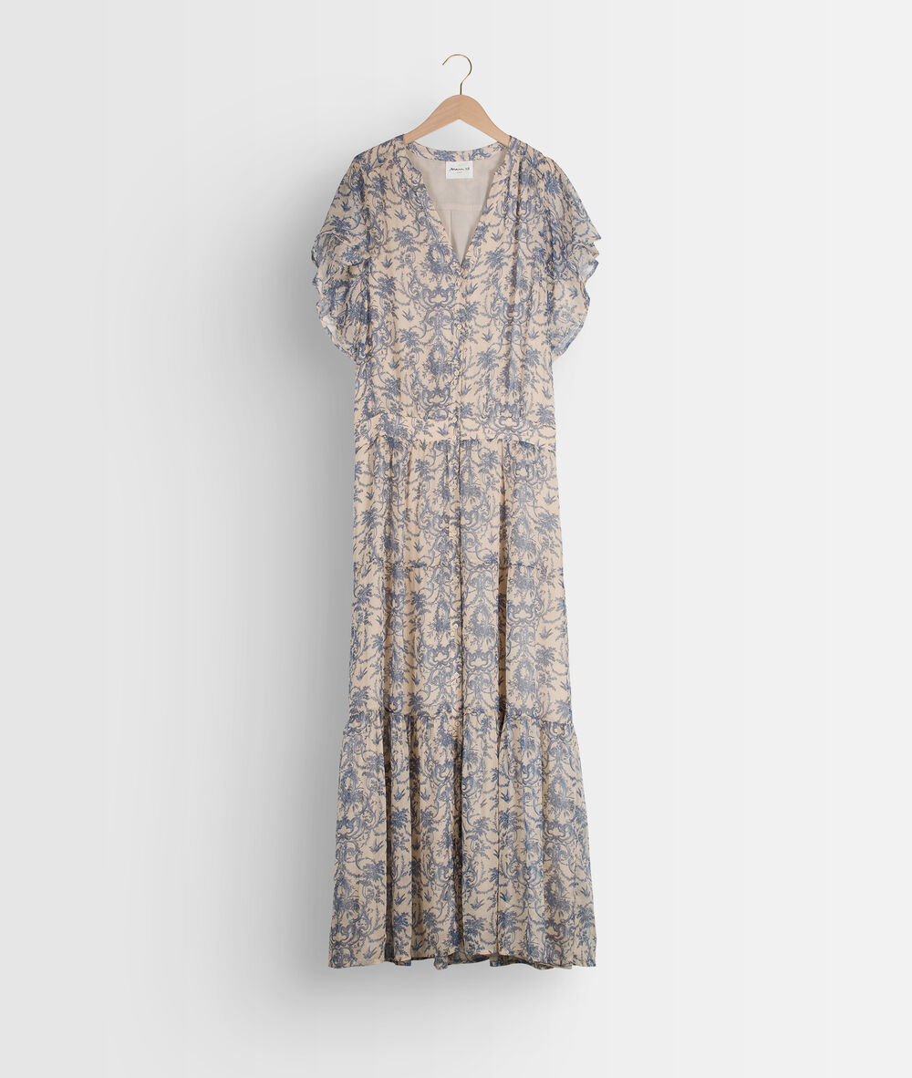 Robe longue imprimée bleu et blanc laiza ecru.
