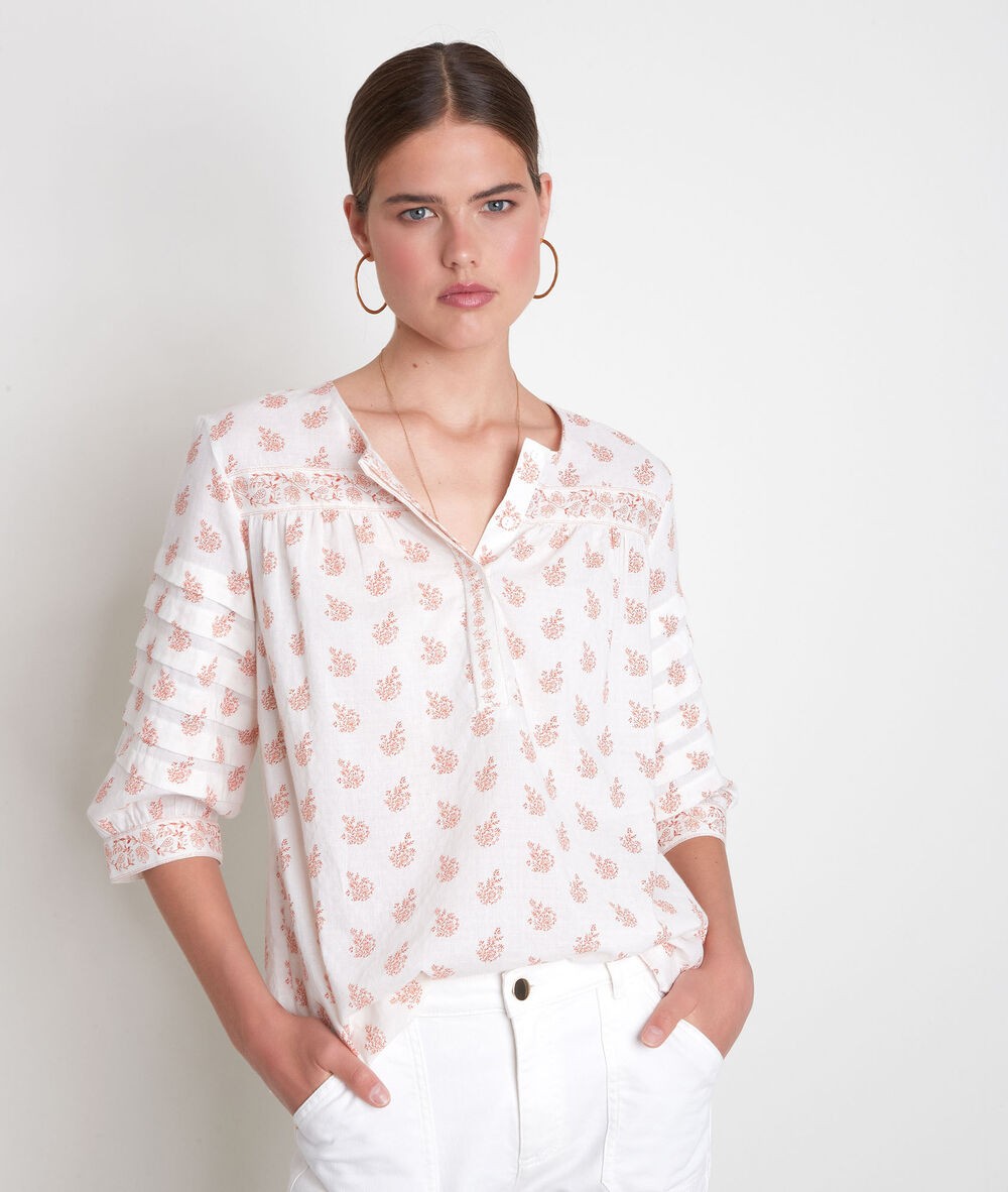 Blouse en coton imprimé écru et orange aria pêche.