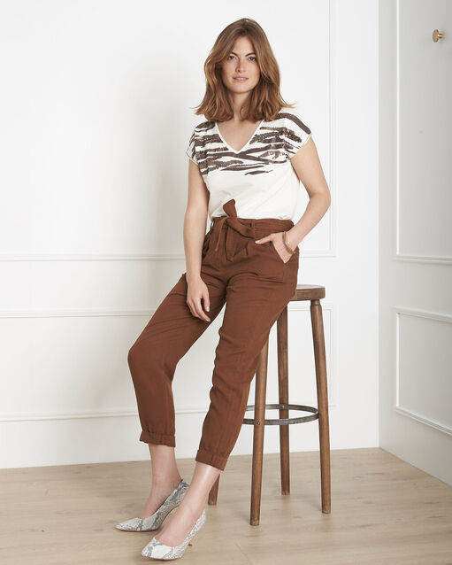 Pantalon marron fluide ceinture geode caramel.