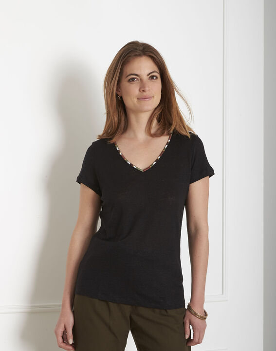 Tee-shirt noir encolure brodée Pekin | 1-2-3 Tee-shirt noir encolure brodée Pekin PhotoZ | 1-2-3