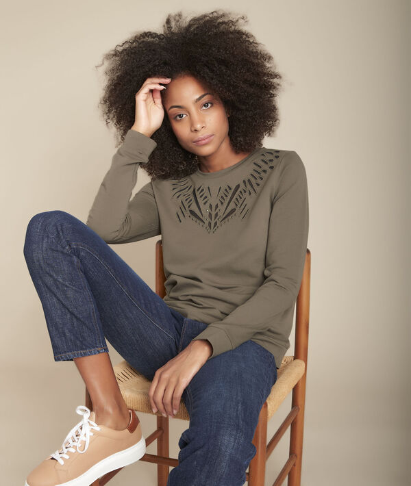 Kaki opengewerkte sweater Camargue | 1-2-3 Kaki opengewerkte sweater Camargue PhotoZ | 1-2-3