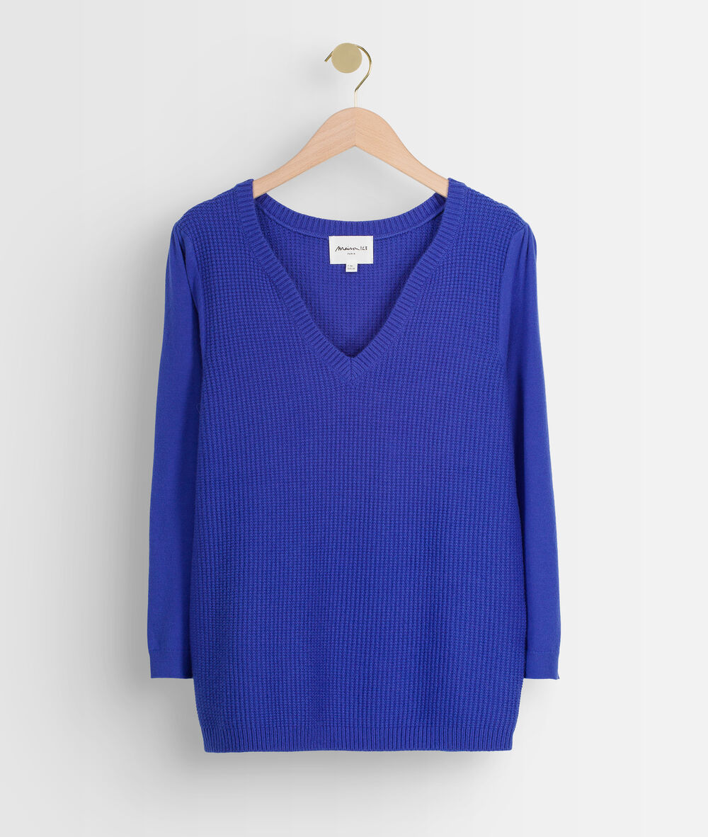 Pull en double maille à col v bleu théa bleu.