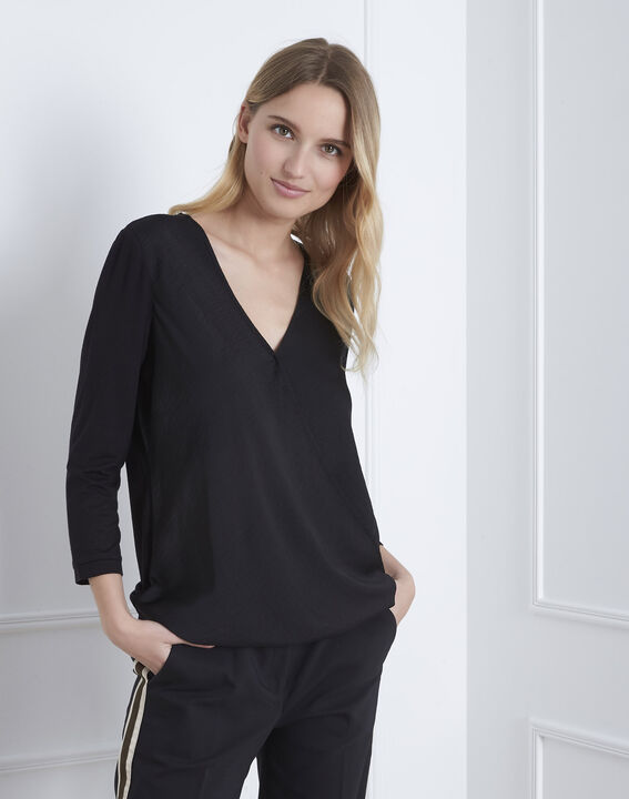 Schwarze Bluse aus Bimaterial in Wickel-Optik | 1-2-3 Schwarze Bluse aus Bimaterial in Wickel-Optik PhotoZ | 1-2-3