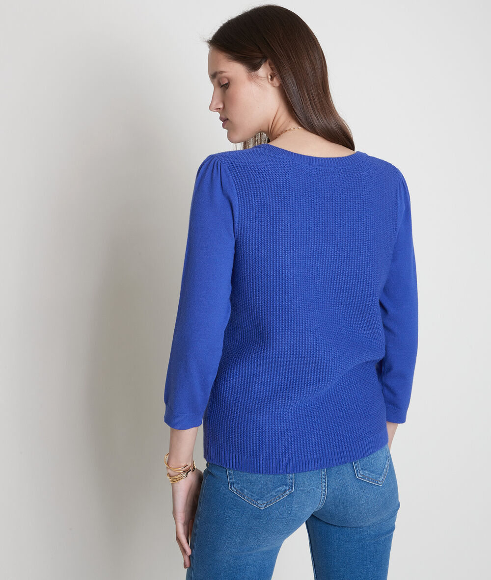 Pull en double maille à col v bleu théa bleu.