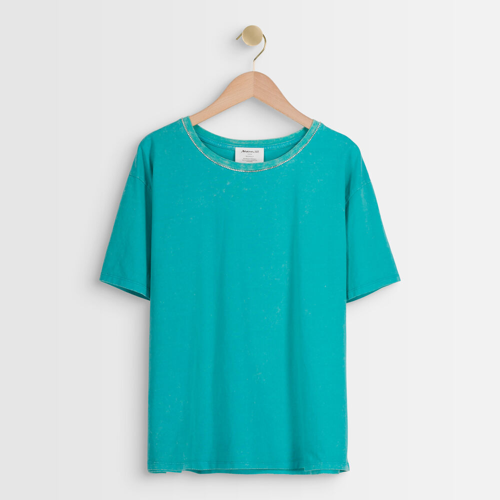 Tee-shirt en coton biologique turquoise à strass inox turquoise.