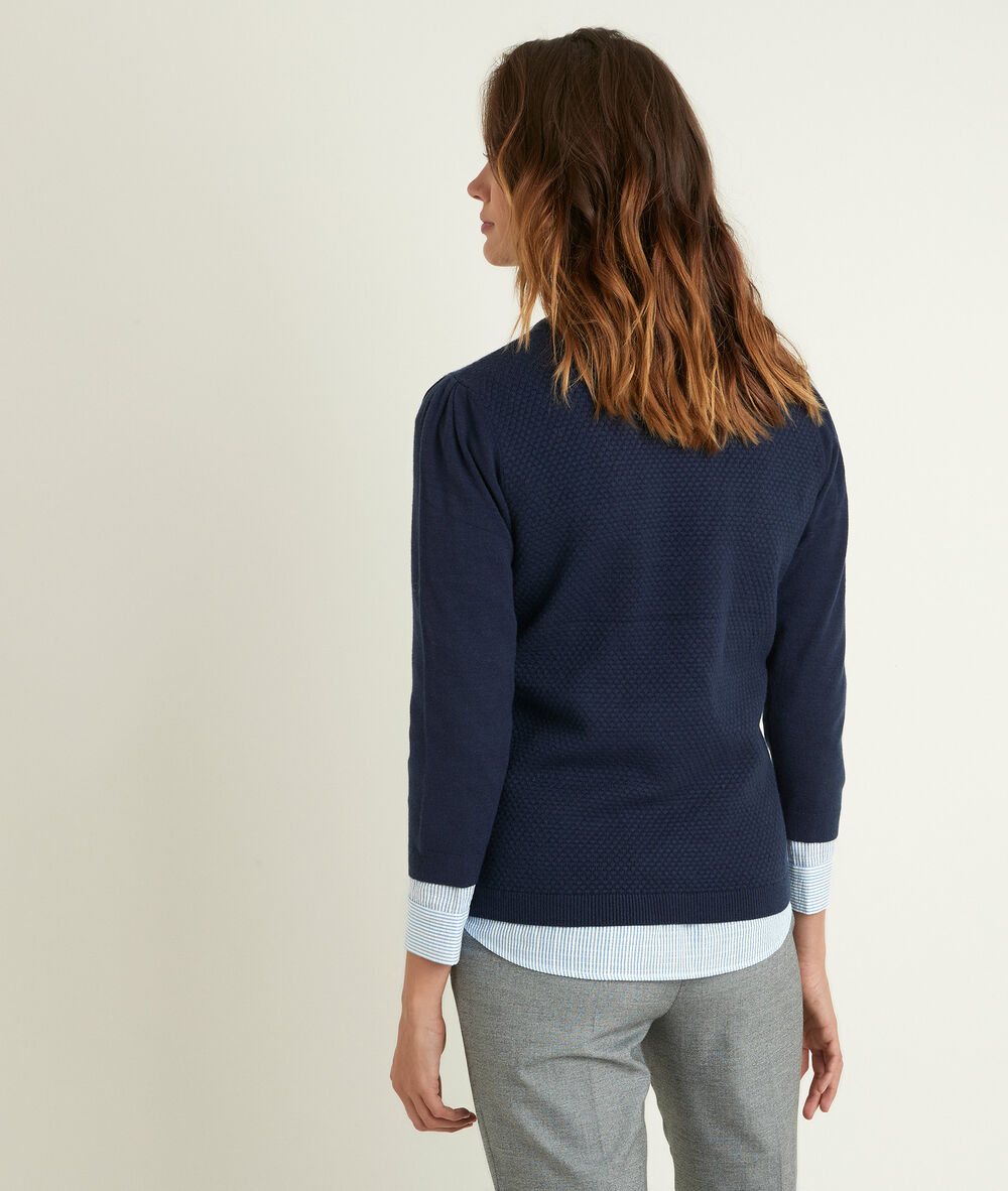 Indigo trui met honinggraat rimel indigo.