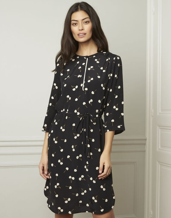 Robe noire imprimé cerises en viscose Linda | 1-2-3 Robe noire imprimé cerises en viscose Linda PhotoZ | 1-2-3