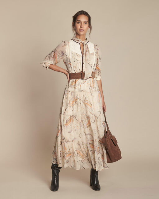 Robe longue imprim&eacute;e imane ecru.