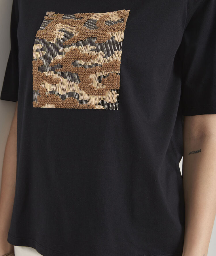 Tee-shirt noir imprimé sequins paillote noir.