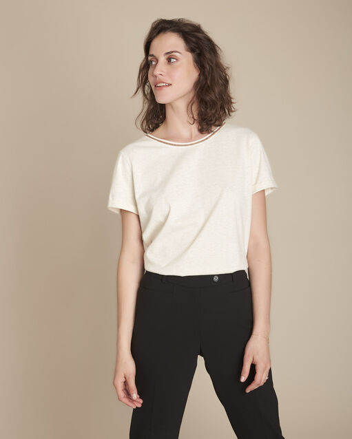 Beigefarbenes T-Shirt mit Lurex-verziertem Halsausschnitt, Clara (2) - Maison 123