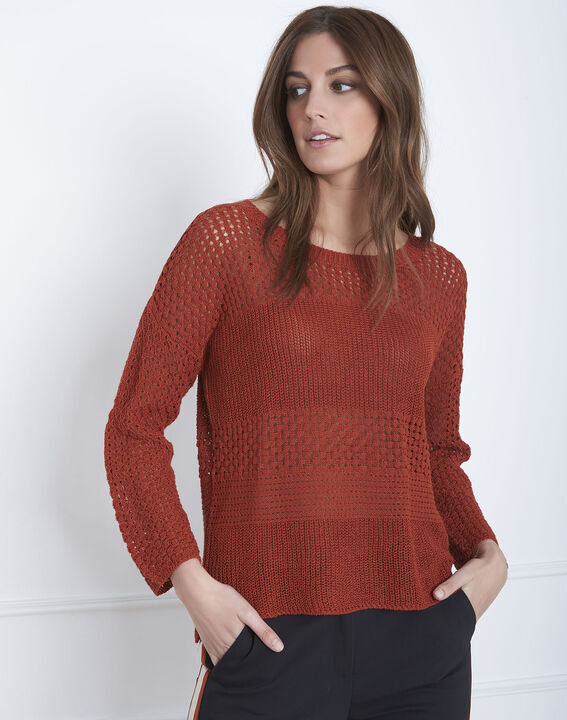 Pull acajou maille fantaisie coton lin Alesia | 1-2-3 Pull acajou maille fantaisie coton lin Alesia PhotoZ | 1-2-3