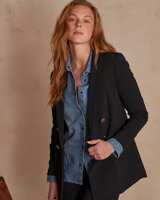 Veste marine longue crois&eacute;e microfibre florine marine.