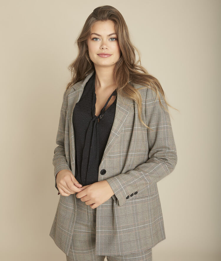 Veste longue jacquard prince de galles barbara caramel.