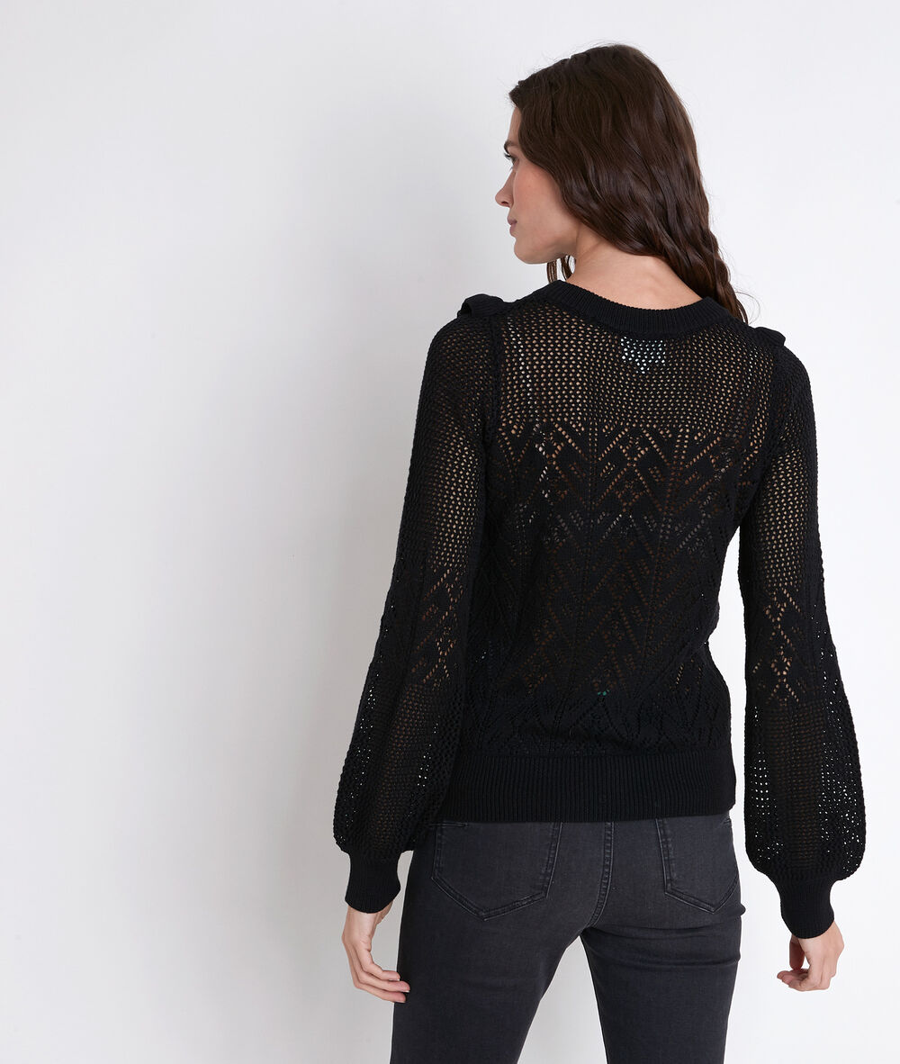 Pull ajouré à volants aloha noir.