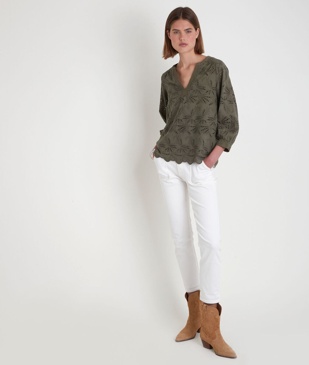 Blouse en broderie anglaise kaki Tebene | 1-2-3 Blouse en broderie anglaise kaki Tebene PhotoZ | 1-2-3