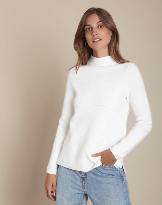 Weißer Pullover mit Ottoman-Strickmuster und Stehkragen Flower | 1-2-3 Weißer Pullover mit Ottoman-Strickmuster und Stehkragen Flower PhotoZ | 1-2-3