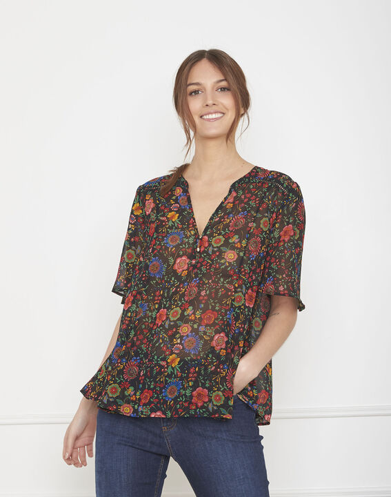 Blouse noire imprimé fleuri volants Valerianne | 1-2-3 Blouse noire imprimé fleuri volants Valerianne PhotoZ | 1-2-3