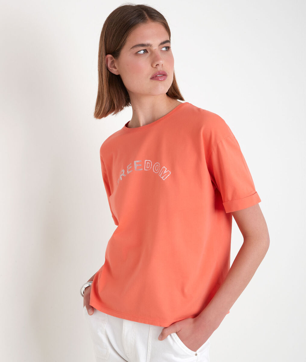 Tee-shirt en coton biologique à message corail Etincelle | 1-2-3 Tee-shirt en coton biologique à message corail Etincelle PhotoZ | 1-2-3