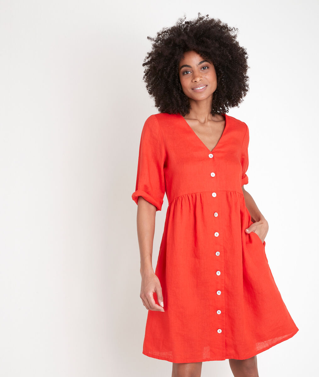 Robe en lin certifié boutonnée rouge Lalou | 1-2-3 Robe en lin certifié boutonnée rouge Lalou PhotoZ | 1-2-3