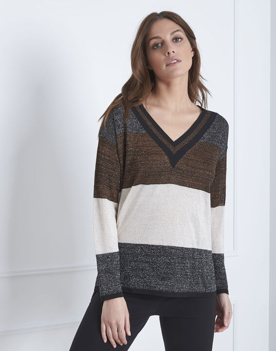Pull marron rayures lurex Artiste | 1-2-3 Pull marron rayures lurex Artiste PhotoZ | 1-2-3