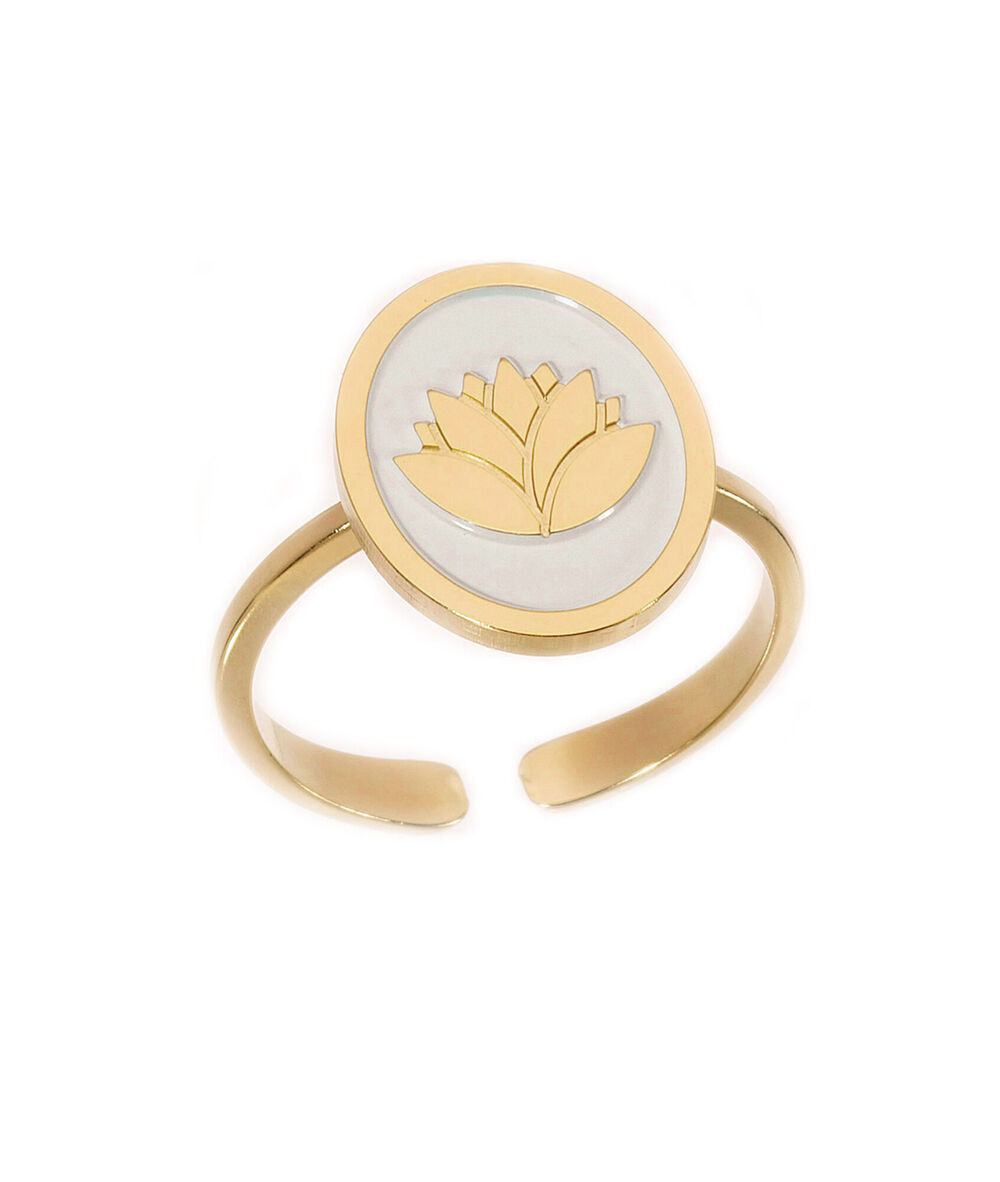 Bague m&eacute;daille laqu&eacute;e lotus ivoire or bijoux l&eacute;one.