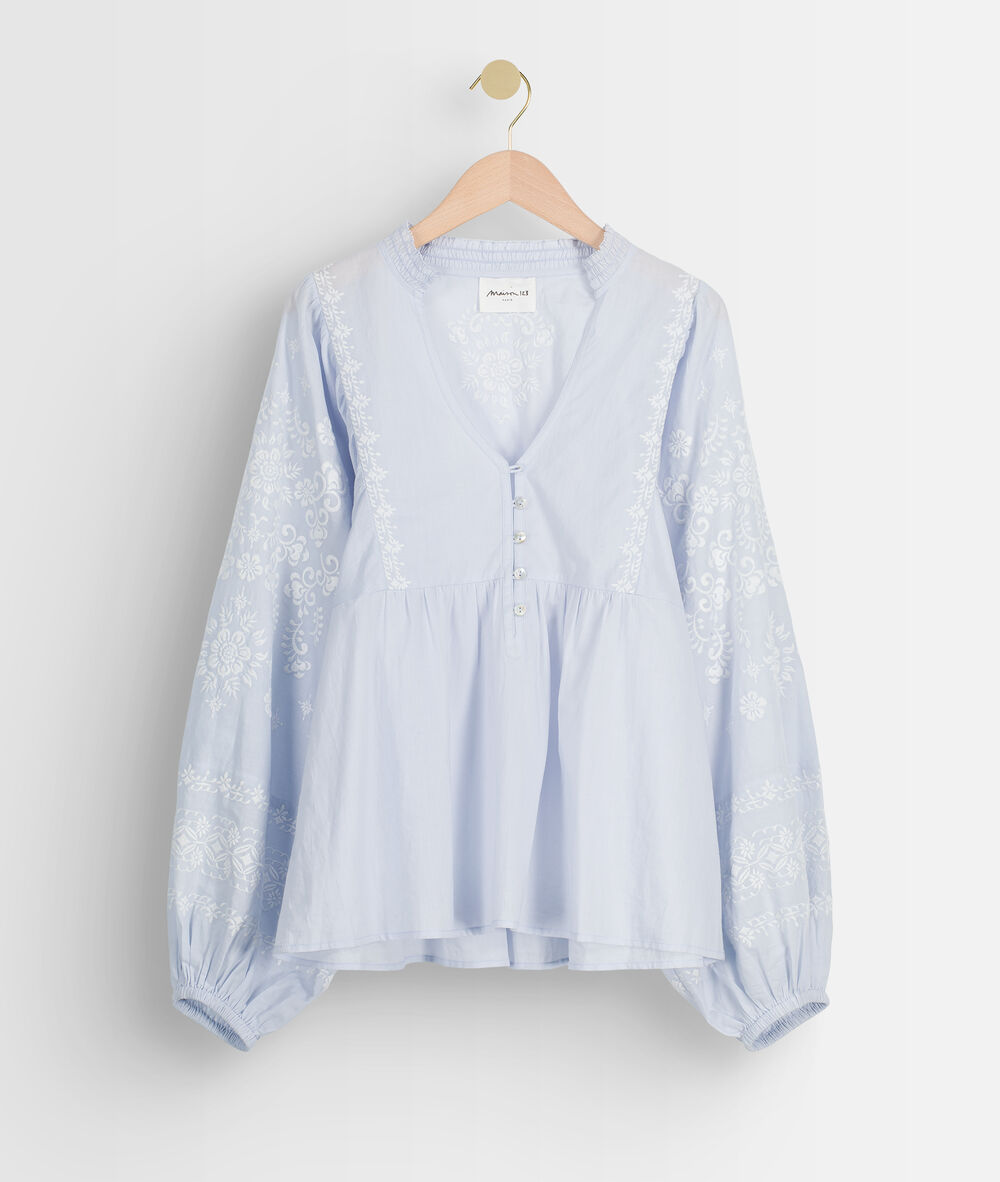Blouse brodée en coton bleu ciel anna pure bleached.