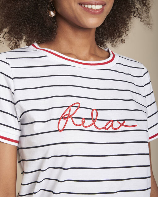 Tee-shirt rayé à message cabourg blanc.