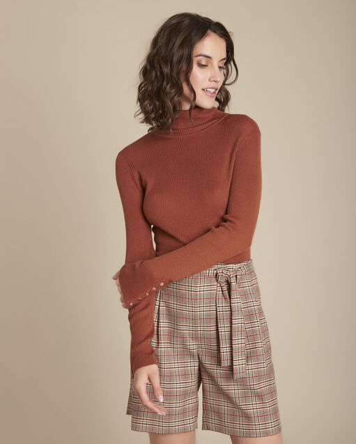 Mahagoniroter gerippter Rollkragenpullover Florale (1) - Maison 123