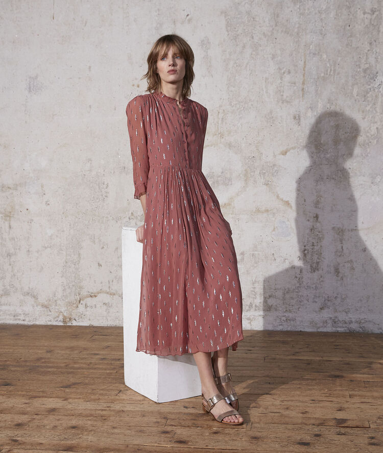 Robe longue imprimée lurex océanie rose pale.