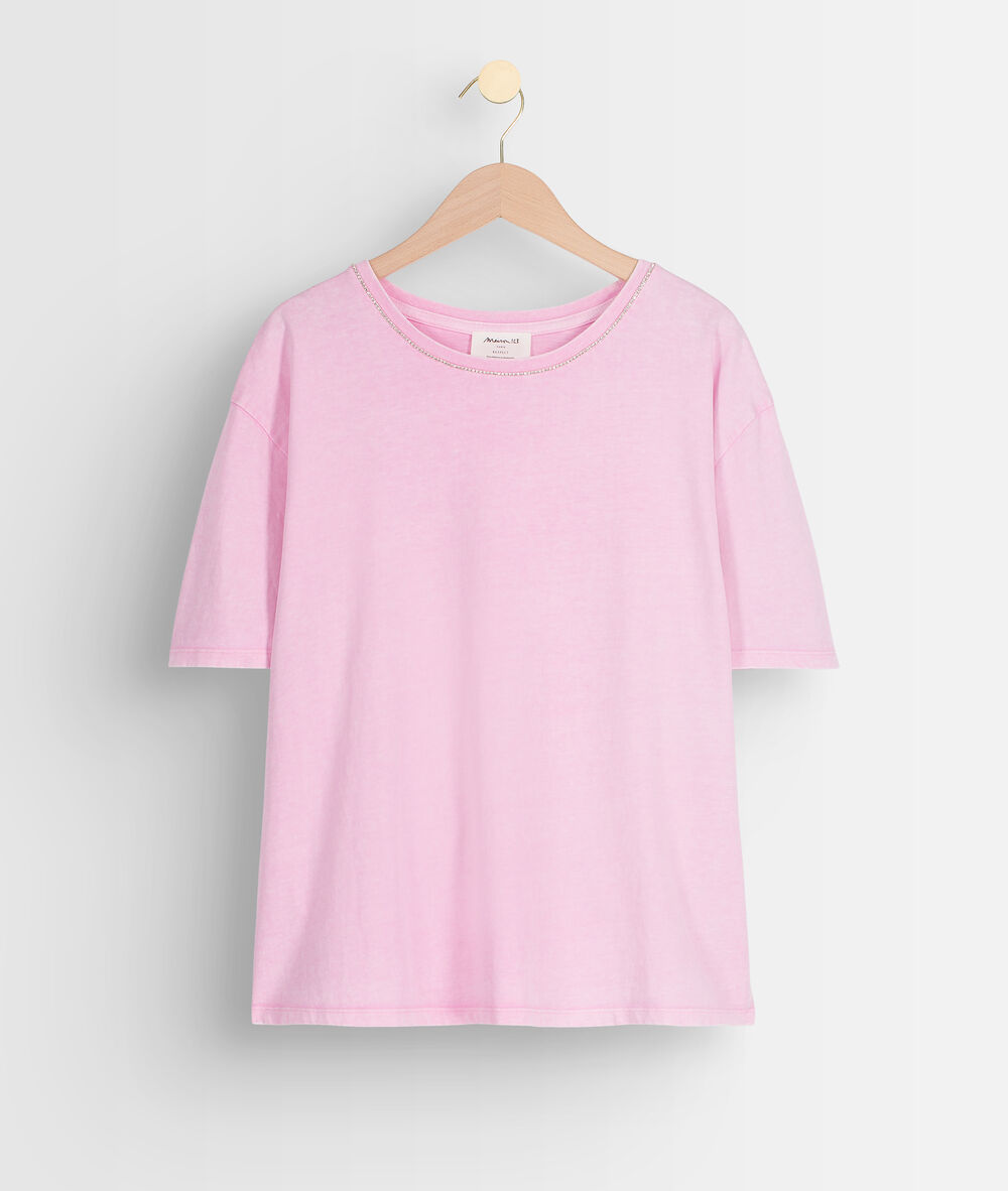 Shirt van biokatoen met strassteentjes aan de kraag inox parme.