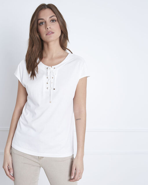 Wit t-shirt van katoen met hals met vetersluiting porto ecru.