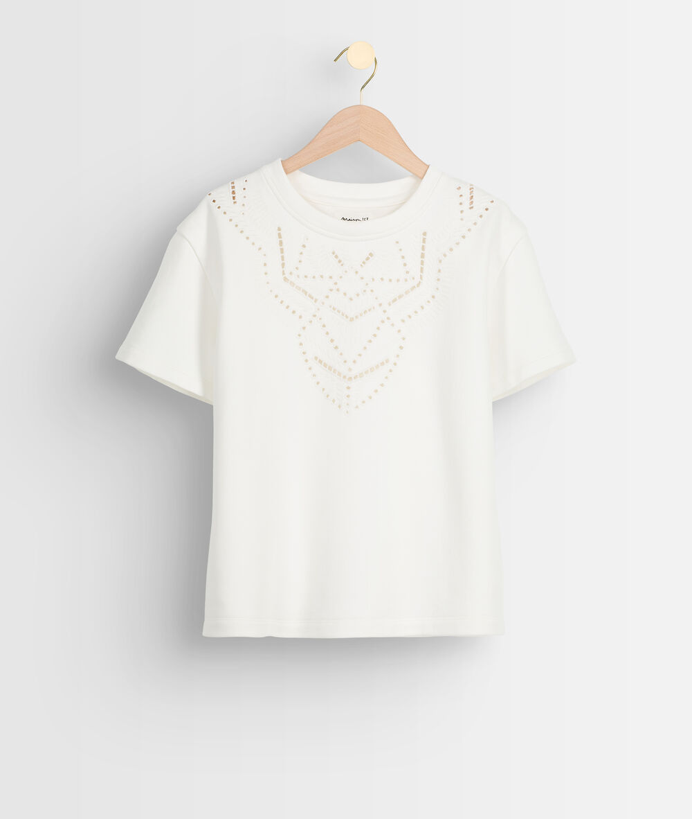 Tee-shirt en coton épais et broderies blanc elsa ecru.