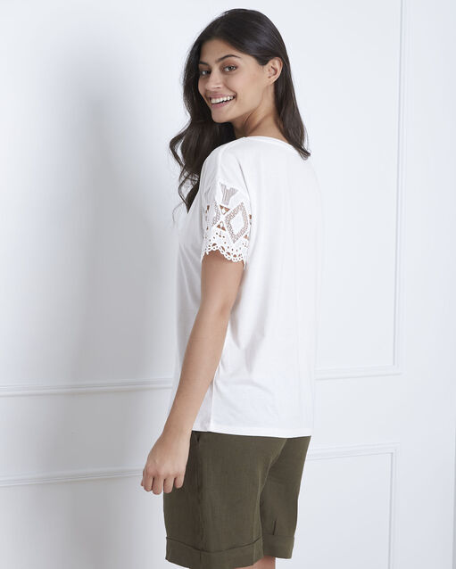Naturfarbenes spitzen-t-shirt mit ärmeln podgorica ecru.