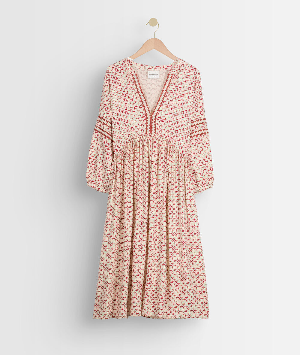 Robe courte et fluide imprimée écrue et bordeaux suzanne pêche.
