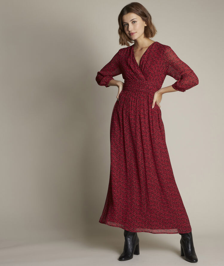 Robe longue imprim&eacute;e claudine fuchsia clair.