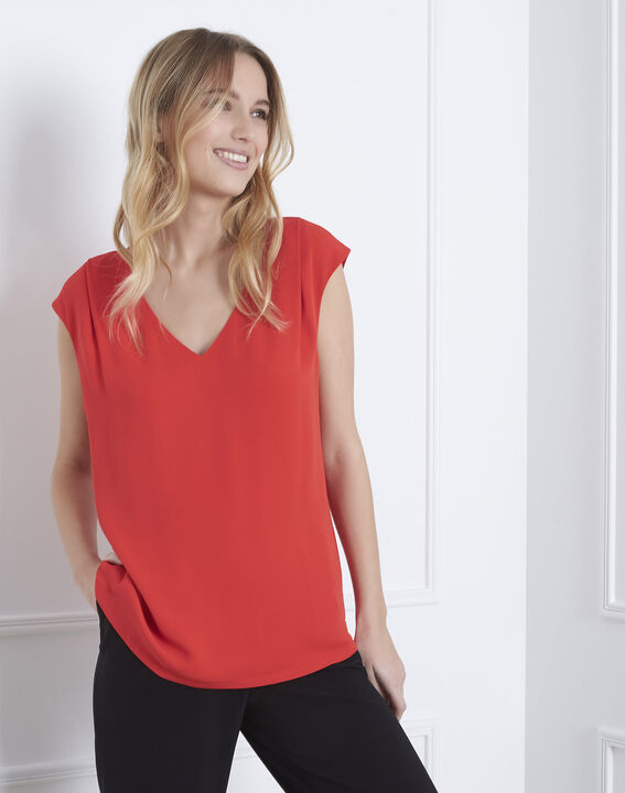 Blouse rouge bimatière col V Neptune | 1-2-3 Blouse rouge bimatière col V Neptune PhotoZ | 1-2-3