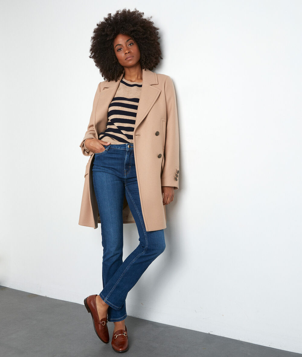Pull en laine et cachemire rayé beige et bleu tiffany camel clair.