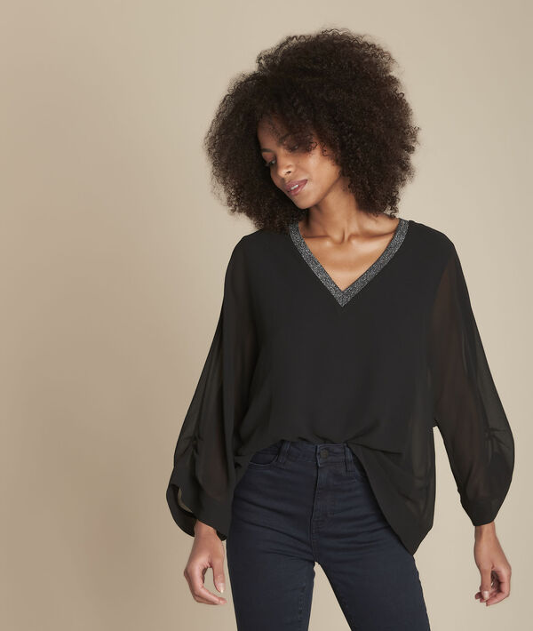 Blouse noire col V brillant Mara | 1-2-3 Blouse noire col V brillant Mara PhotoZ | 1-2-3