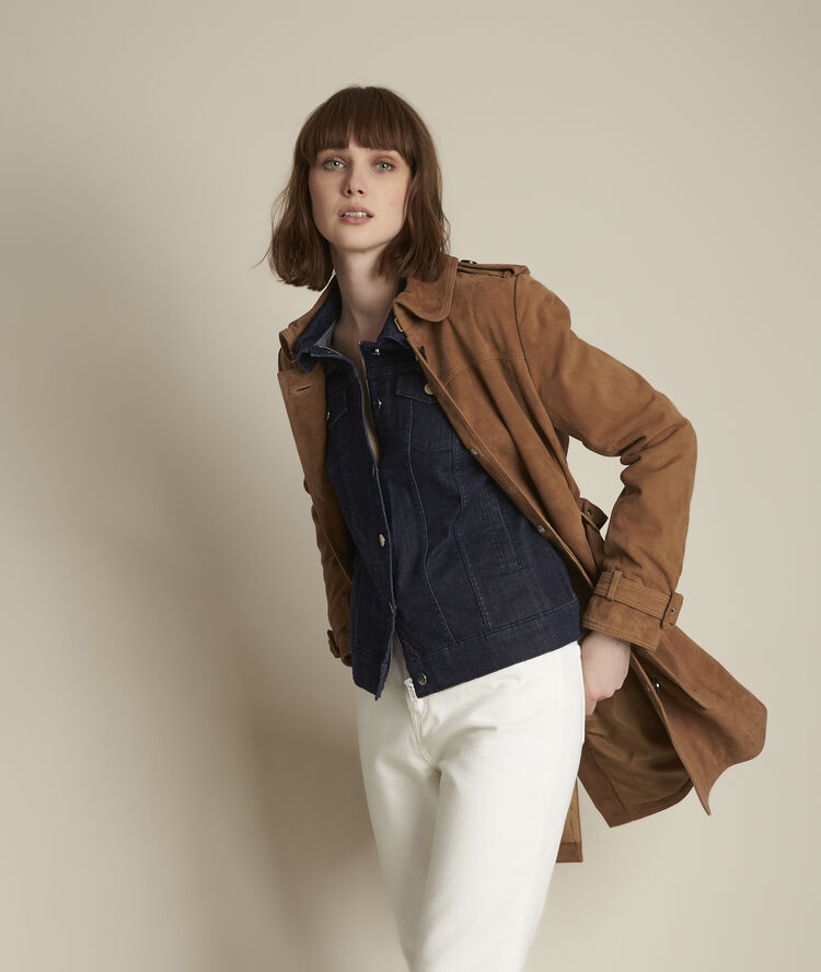 Trench havane en cuir velours qleo greige.
