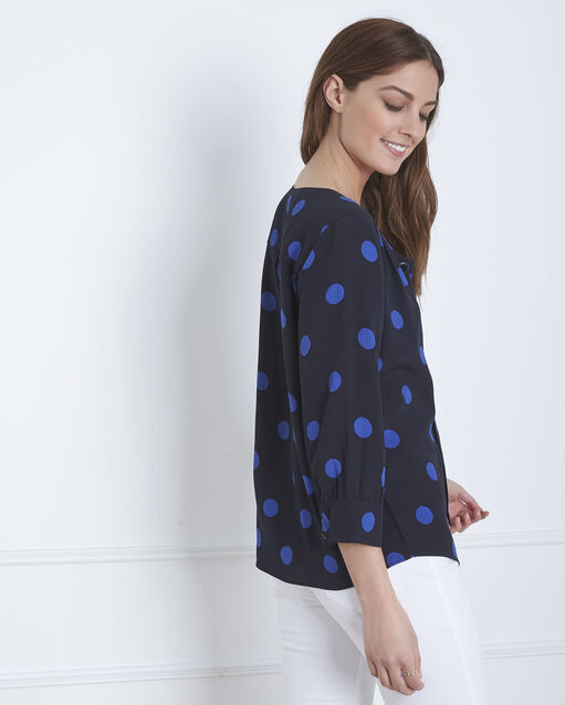 Blouse marine à pois encolure oeillets versailles marine.