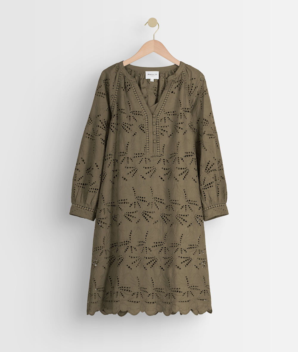 Robe en coton brodé kaki coco kaki.