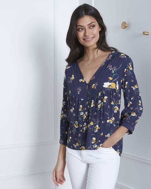Blouse marine imprimé fleuri virtuose encre.