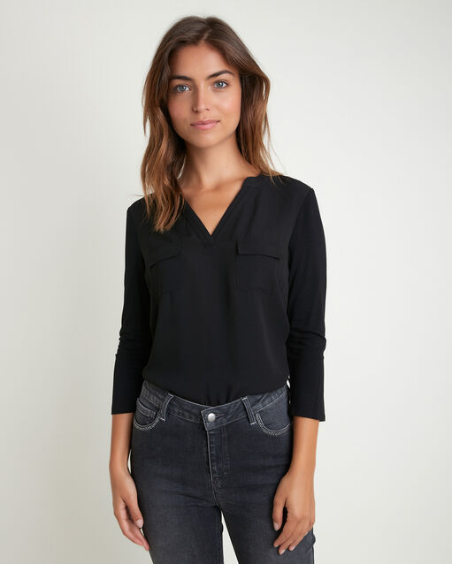 Blouse noire bi-matière à poches Genna (2) - Maison 123