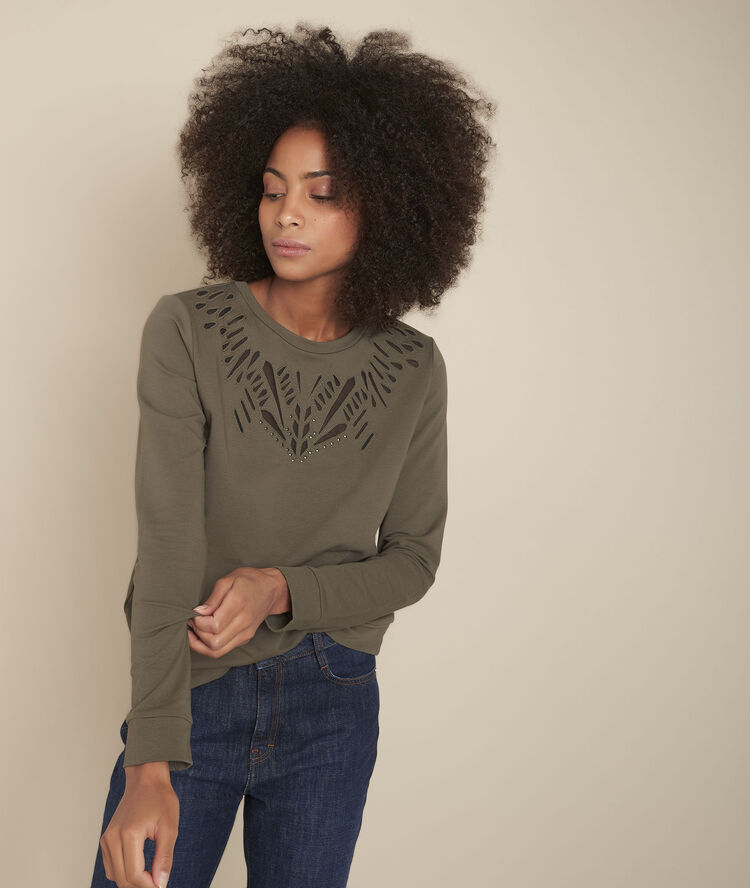 Kaki opengewerkte sweater camargue kaki.