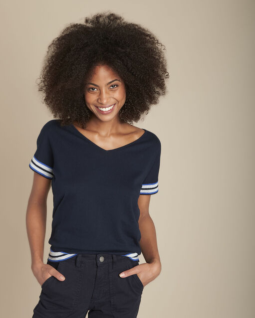 Marineblauwe trui met lurexstrepen faly marine.